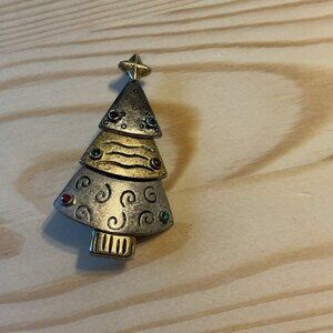 Vintage Signed LIA Christmas Tree Brooch Gold Tone Silver Tone Rhinestone Pin